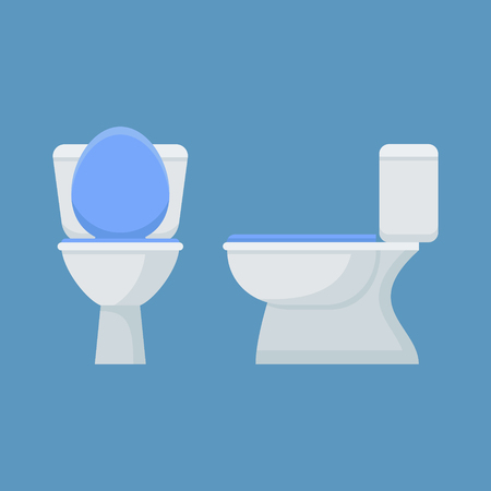 Toilet bowl isolated on blue background. Flat style icon. Front and side view. Vector illustration.のイラスト素材
