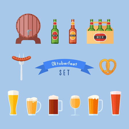 Set of Oktoberfest flat icons. Beer glasses, bottles, barrel, sausage and pretzel. Beer festival design. Vector illustration.のイラスト素材