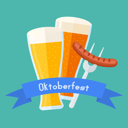 Oktoberfest poster design template. Beer glasses with sausage. Beer festival card. Vector illustration.のイラスト素材
