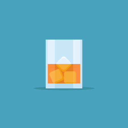 Glass of whiskey with ice isolated on blue background. Flat style icon. Vector illustration.のイラスト素材