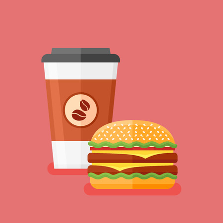 Coffee takeaway and double burger on red background. Fast food. Flat style vector illustration.のイラスト素材