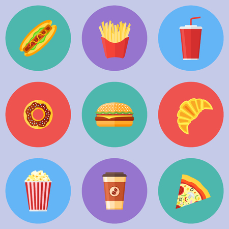 Set of fast food flat round icons. Hot dog, hamburger, pizza, french fries, donut, croissant, popcorn, coffee and soda takeaway.のイラスト素材