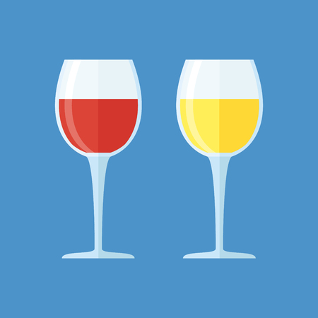 Glasses with red and white wine isolated on blue background. Vector illustration.のイラスト素材