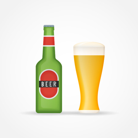 Beer bottle and glass isolated on white background. Vector illustration.のイラスト素材