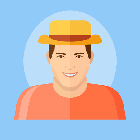 Tourist man in hat flat icon. Male character vector illustration.のイラスト素材