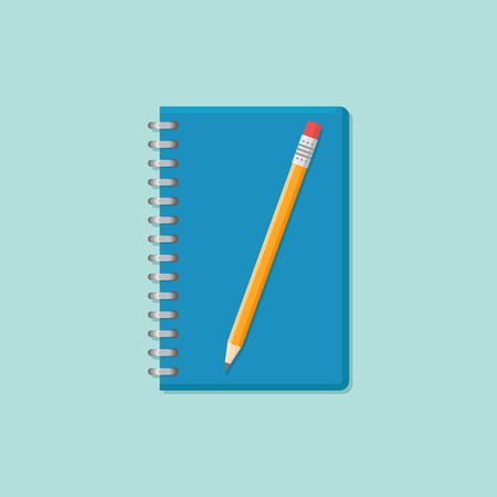 Closed notebook with pencil isolated on teal background. Flat style icon. Vector illustration.のイラスト素材