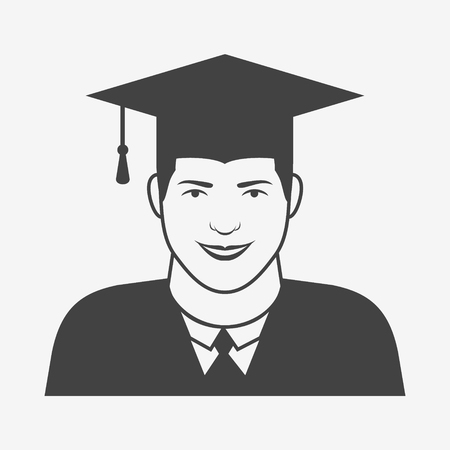 Male graduate in mantle and graduation cap monochrome icon. Vector illustration.のイラスト素材