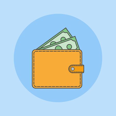 Wallet with money flat line icon on blue background. Vector illustration.のイラスト素材
