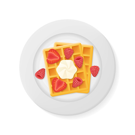 Plate with belgian waffles with raspberries, strawberries and cream isolated on white background. Top view. Vector illustration.のイラスト素材