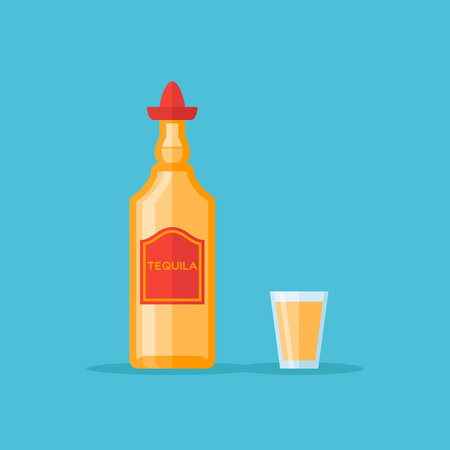 Bottle and shot glass of tequila isolated on blue background. Flat style vector illustration.のイラスト素材