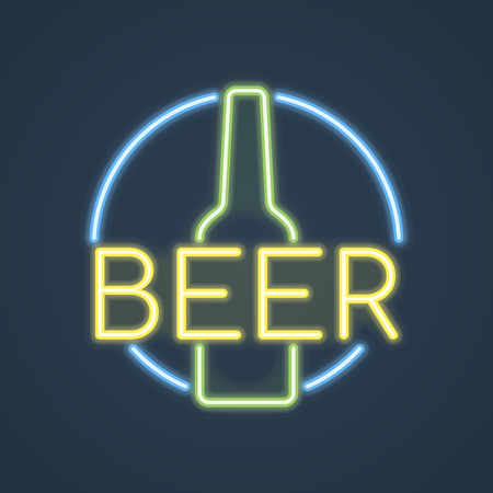 Glowing neon beer bottle, bar sign on dark background. Vector illustration.のイラスト素材
