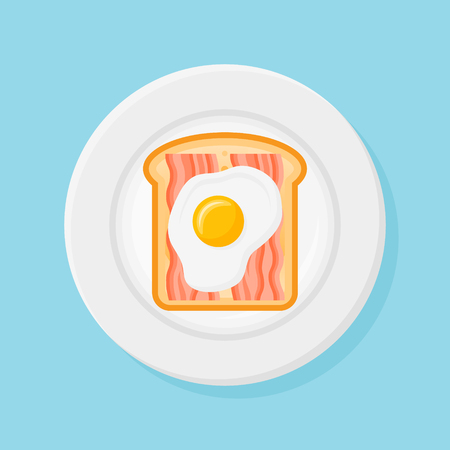 Plate with toasted bread, bacon strips and fried egg isolated on blue background. Top view. Breakfast flat style vector illustration.のイラスト素材