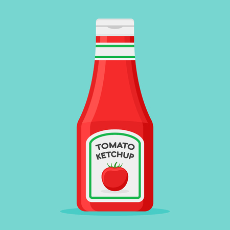 Tomato ketchup bottle flat style icon on blue background. Vector illustration.のイラスト素材