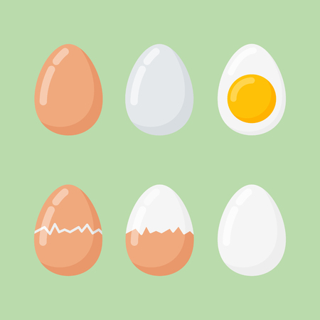 Set of raw and boiled eggs isolated on green background. Flat style vector illustration.のイラスト素材