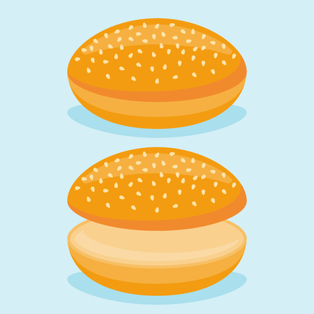 Whole and cut burger bun isolated on blue background. Vector illustration.のイラスト素材