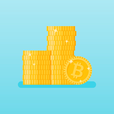 Stacked pile of bitcoin coins isolated on blue background. Vector illustration.のイラスト素材