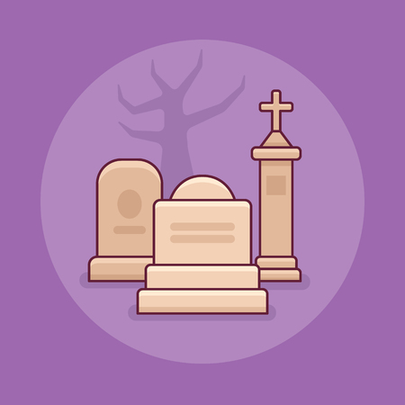 Cemetery flat line icon on purple background. Halloween element.のイラスト素材