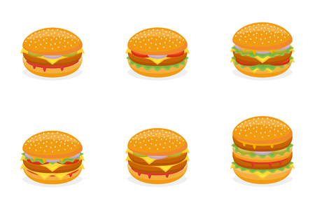 Set of different burgers isolated on white background. Fast food menu. Hamburger, cheeseburger, beefburger, big and double burger. Vector illustration.のイラスト素材