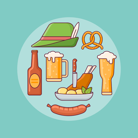 Set of Oktoberfest elements. Beer mugs, bottle, pretzel, sausage, pork knuckle and bavarian hat. Flat line icons.のイラスト素材