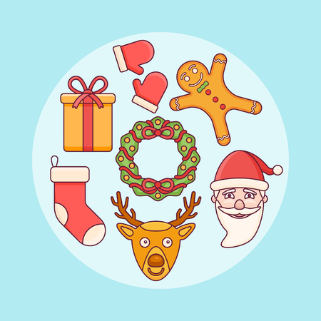 Set of Christmas elements. Santa Claus, gift box, wreath, sock, deer on blue background. Flat line icons.のイラスト素材
