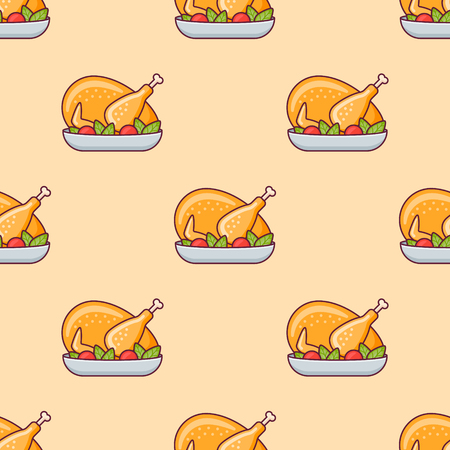 Seamless pattern with roasted turkey or chicken on yellow background. Vector texture.のイラスト素材