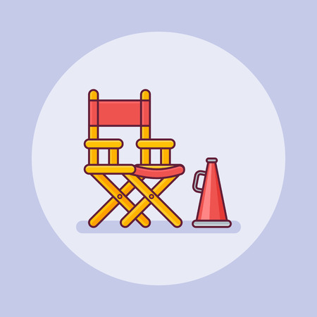 Film director chair with megaphone flat line icon on purple background. Vector illustration.のイラスト素材