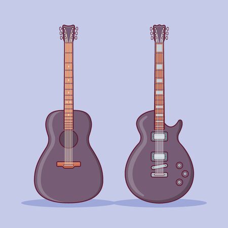 Black acoustic and electric guitars on purple background. Flat line icon. Vector illustration.のイラスト素材