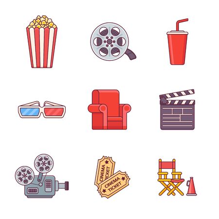 Set of cinema flat line icons isolated on white background. Vector illustration.のイラスト素材