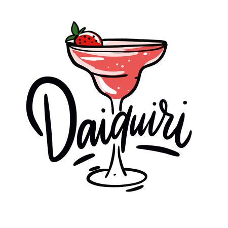 Strawberry Daiquiri cocktail hand drawn vector illustration and lettering. Cartoon style. Isolated on white background.のイラスト素材