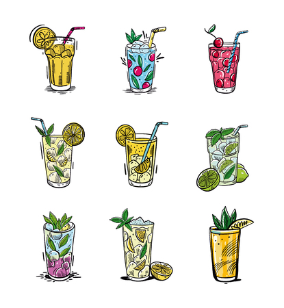 Summer set with lemonade. Hand drawn vector illustration is sketch style. Isolated on white background. Design for menu ,posters, brochures for cafe, bar.のイラスト素材