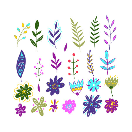 Spring Flowers Set. Hand drawn vector illustration. Isolated on white background. Design for decor, cards, print, web, poster, banner, t-shirtのイラスト素材