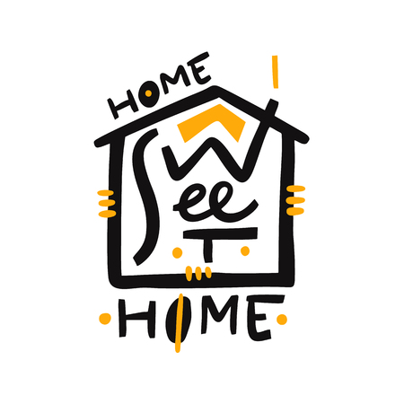 Home Sweet Home hand drawn vector lettering quote. Modern typography. Isolated on white background. Design for holiday greeting cards, logo, sticker, banner, poster, print.のイラスト素材