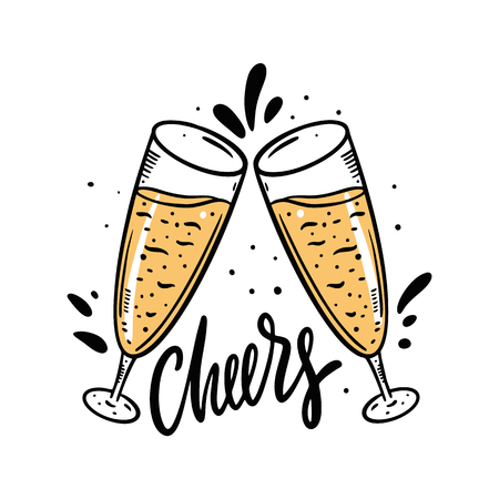 Cheers wine glasses hand drawn vector illustration. Cartoon style. Isolated on white background.のイラスト素材