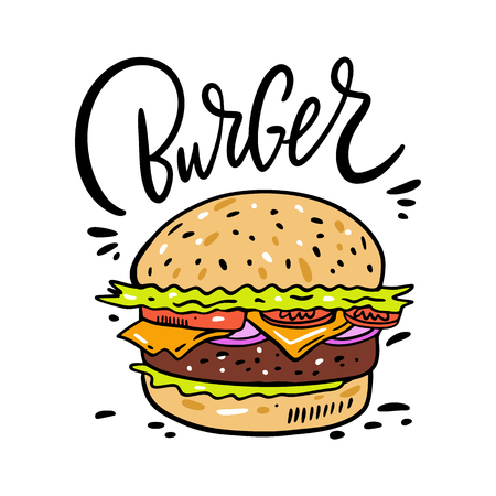 Burger hand drawn vector illustration. Cartoon style. Isolated on white background.のイラスト素材