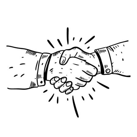 Handshake hand drawn vector illustration. Engraving style. Isolated on white background.のイラスト素材