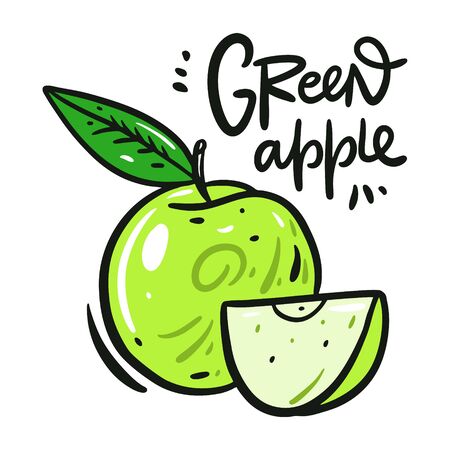 Green Apple vector illustration and lettering. Isolated on white background.のイラスト素材