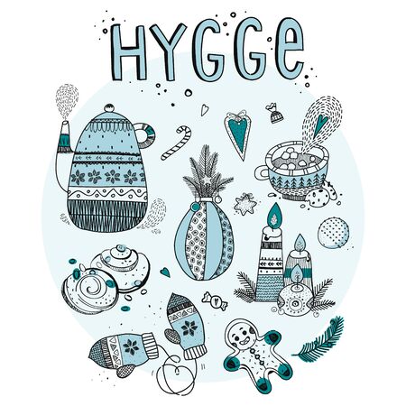 Hygge set elements vector illustration. Isolated on white background. Cartoon style.のイラスト素材