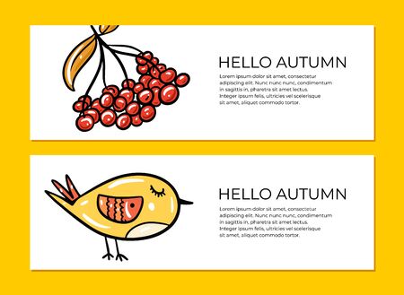 Two Autumn season horizontal banner set. Leaves texture. Hand drawn vector illustration.のイラスト素材