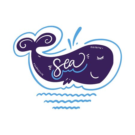 Sea Whale. Hand drawn vector lettering. Cartoon style.のイラスト素材