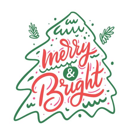 Merry and bright sign hand drawn vector lettering and christmas tree. Calligraphy Christmas holiday card.のイラスト素材