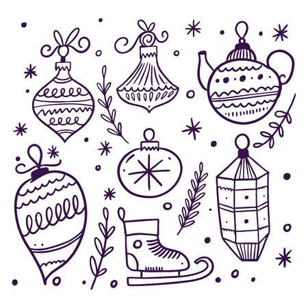 Christmas holiday element set doodle illustration. Isolated on white background.のイラスト素材