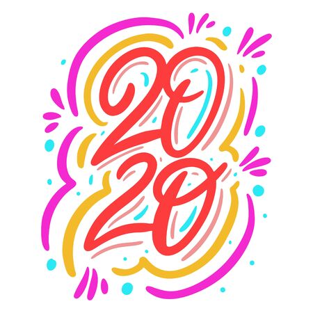 2020 sign colorful New Year. Winter holiday modern calligraphy. Hand drawn vector illustration.のイラスト素材