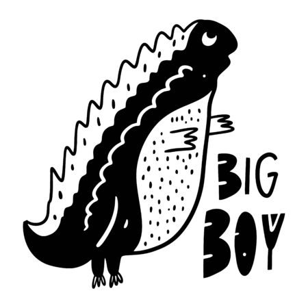 Dinosaur in cartoon style and big boy lettering. Hand drawn vector illustration. Black ink.のイラスト素材
