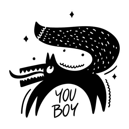 Wolf sign and You Boy phrase. Hand drawn vector illustration. Black ink.のイラスト素材