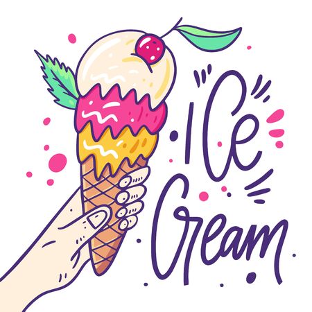 Ice cream with cherryand mint in waffle cup. Hand drawn flat vector illustration. Cartoon style. Isolated on white background.のイラスト素材