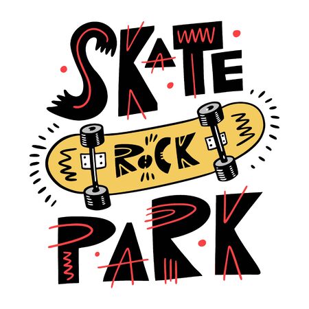 Yellow skateboard vector illustration. Skate Rock Park Phrase. Isolated on white background.のイラスト素材