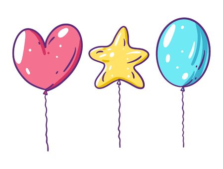 Heart, star ans classic balloons. Vector illustration in cartoon style. Isolated on white background. Design for banner, poster and web.のイラスト素材