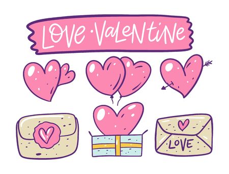 Love card and Valentine's day. Balloons, heart with arrow, gift box and letters. Vector illustration in cartoon style. Isolated on white background. Design for banner, poster and web.のイラスト素材