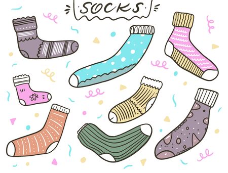 Cute socks set. Vector illustration in cartoon style. Isolated on white background. Design for banner, poster and web.のイラスト素材