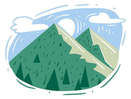 Green mountain landscape with clouds and sun. Vector illustration. Cartoon style. Isolated on white background.のイラスト素材